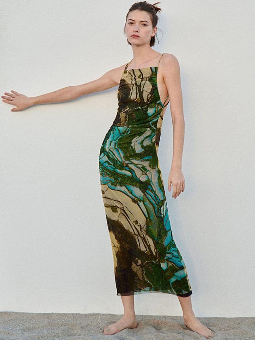 lulu & sky abstract printed shoulder strapped sheath midi dress