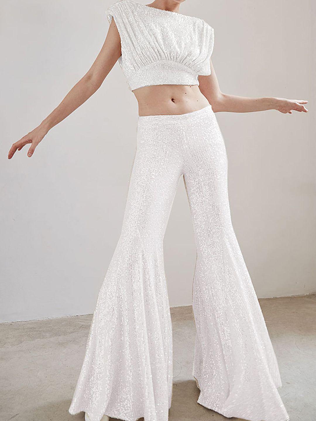 lulu & sky bateau neck, sleeveless crop top with low-waist & flared fit trouser co-ords