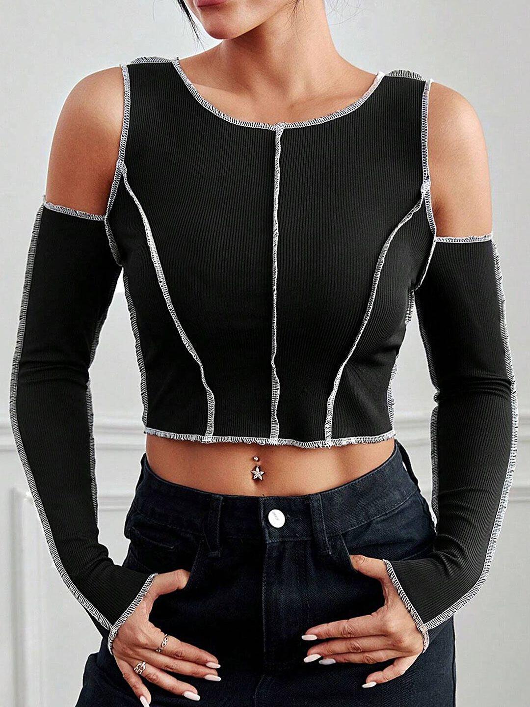 lulu & sky black cold-shoulder crop top