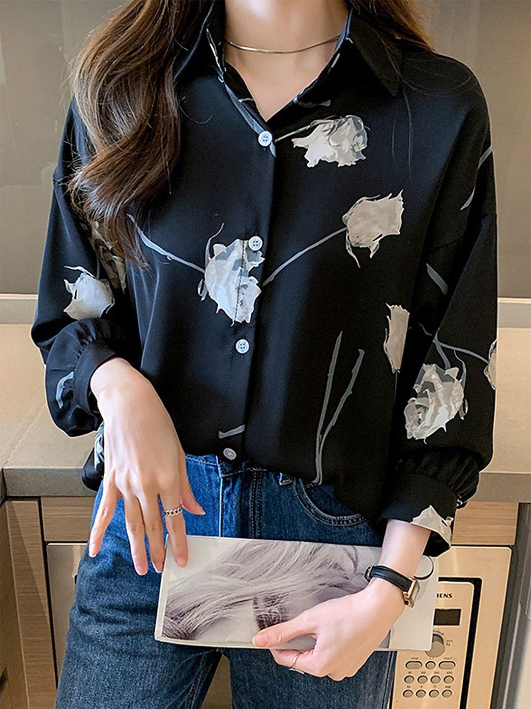 lulu & sky black floral print mandarin collar kimono sleeve shirt style top