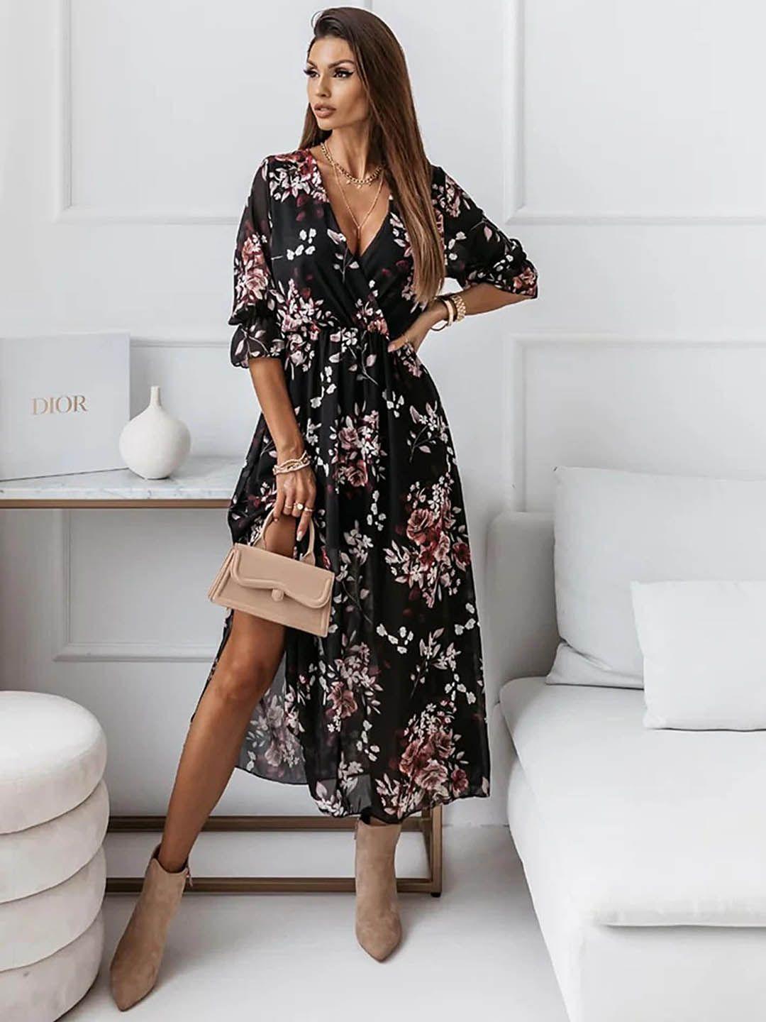 lulu & sky floral prined puff sleeves slit detail gathered chiffon midi wrap dress