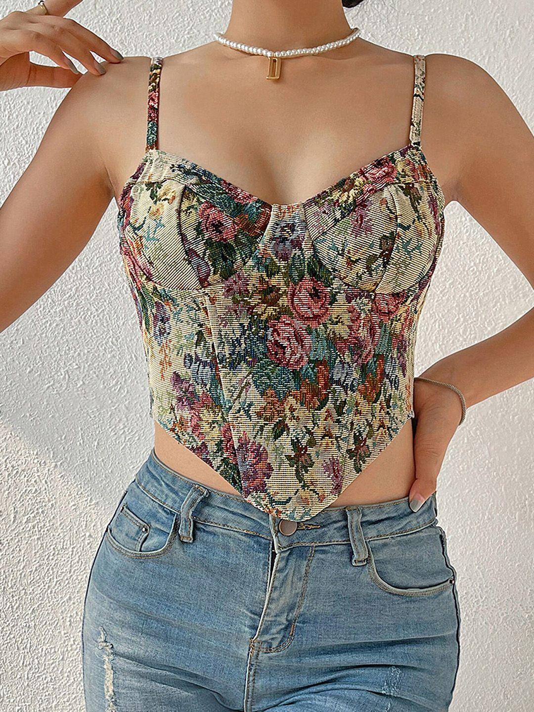 lulu & sky floral print shoulder strapped styled back corset crop top