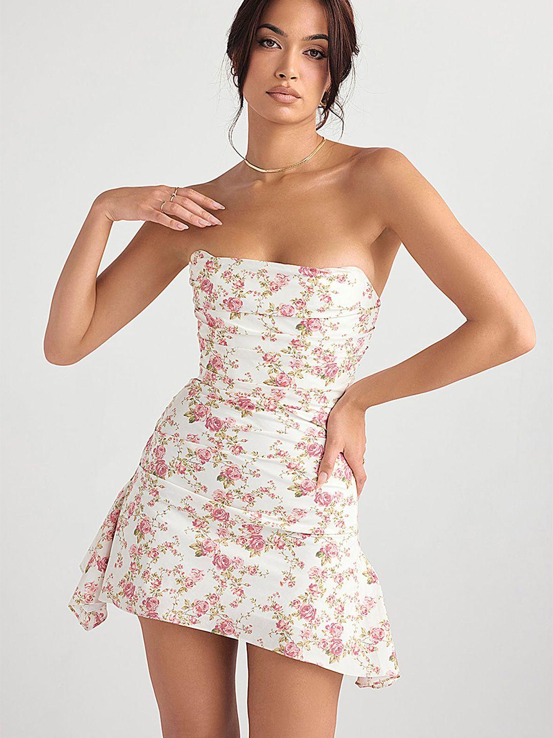 lulu & sky floral printed off-shoulder gathered fit & flare mini dress