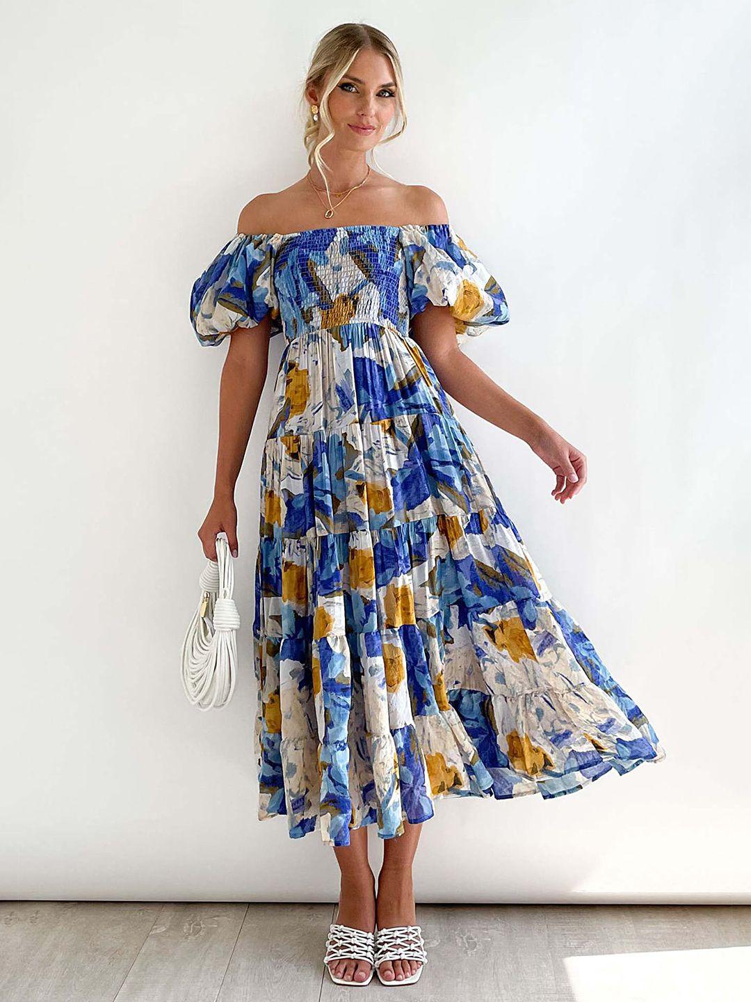 lulu & sky floral printed off-shoulder puff sleeves smocked tiered fit & flare midi dress