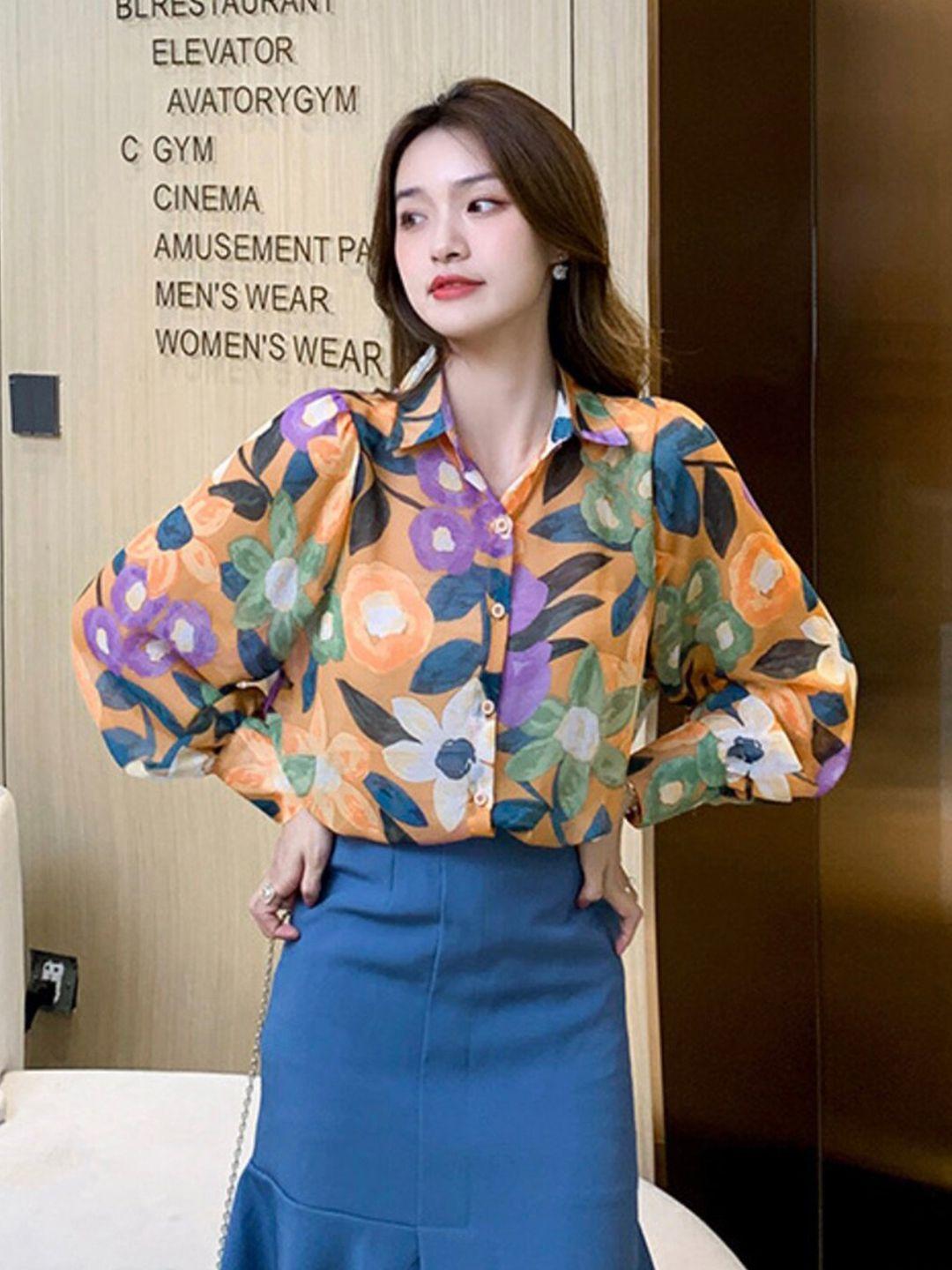 lulu & sky floral printed shirt collar shirt style top