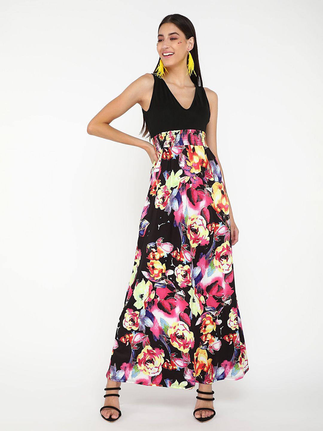 lulu & sky floral printed smocked detailed v-neck sleeveless a-line maxi dress