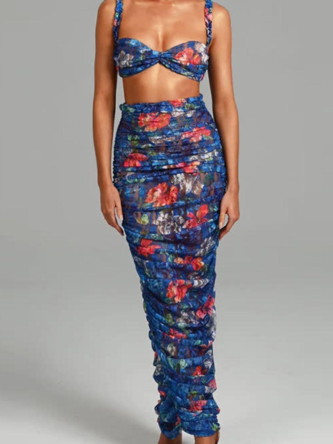 lulu & sky floral printed sweetheart neck crop top with shirred maxi skirt co-ords