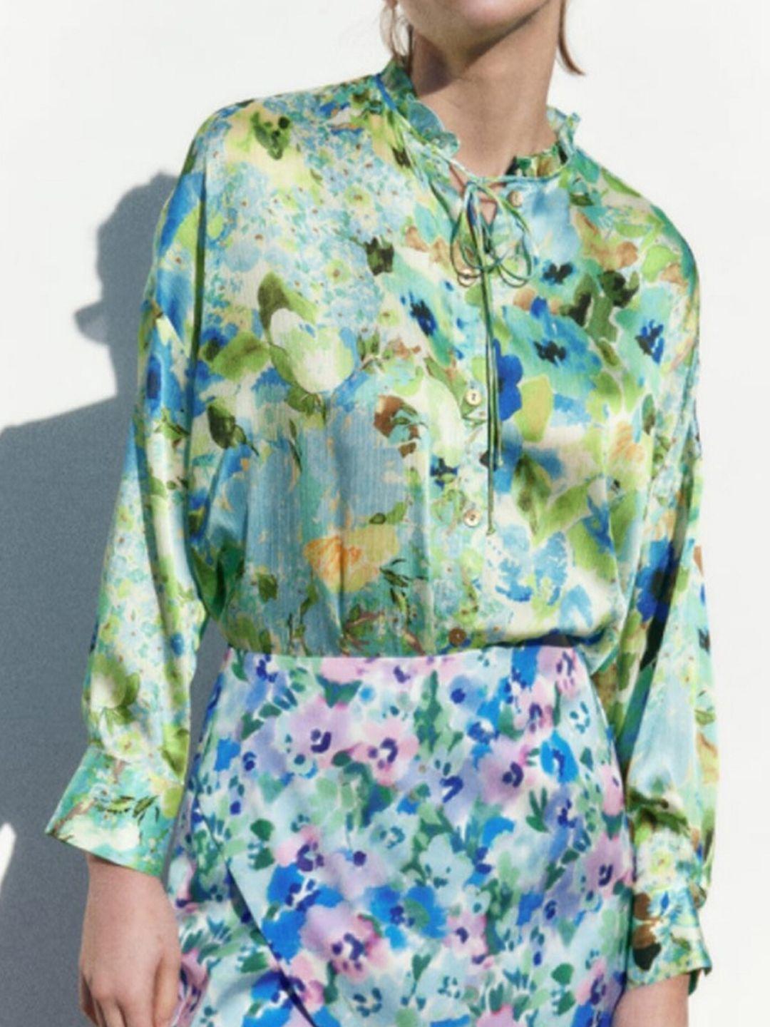 lulu & sky floral printed tie-up neck shirt style top