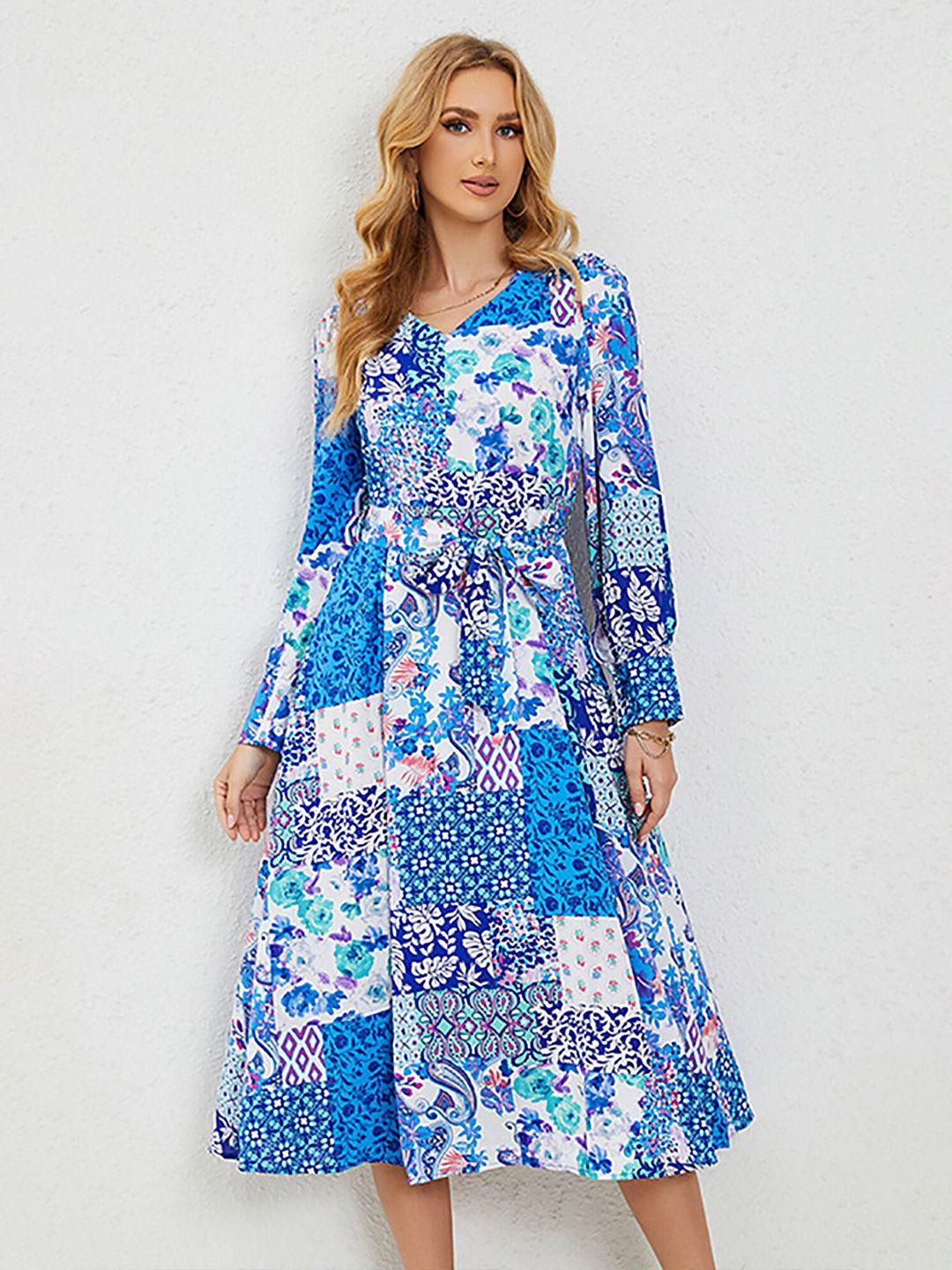 lulu & sky floral printed v-neck cuffed sleeves belted a-line midi dress