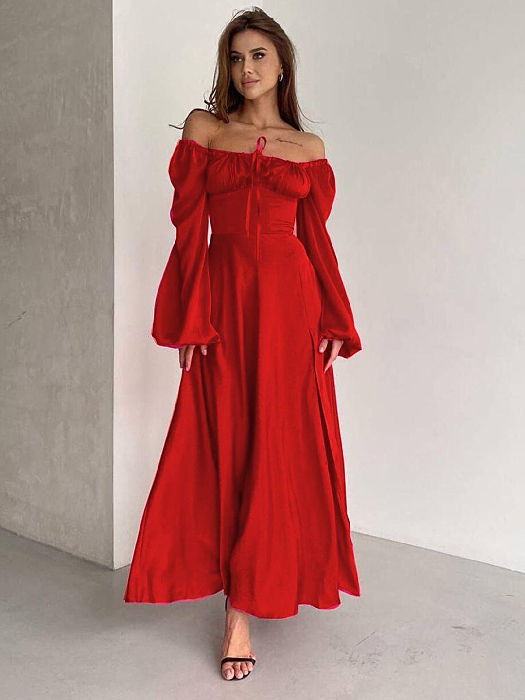 lulu & sky off-shoulder bell sleeves tie-ups detail fit and flare maxi dress