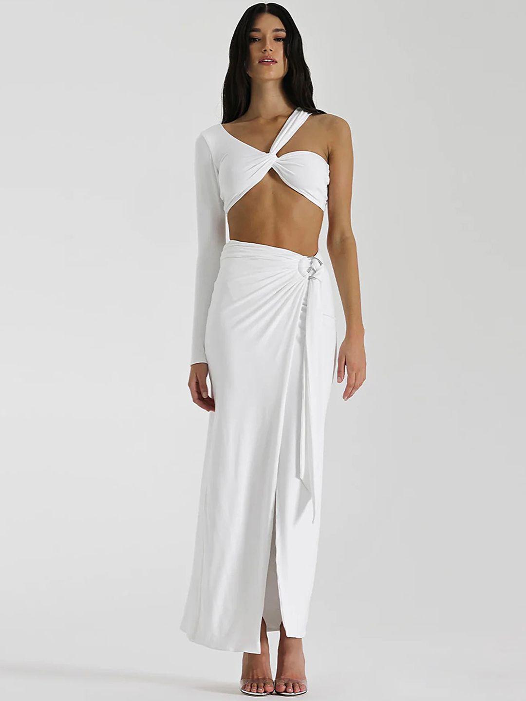 lulu & sky one shoulder crop top with high slit maxi skirt co-ords