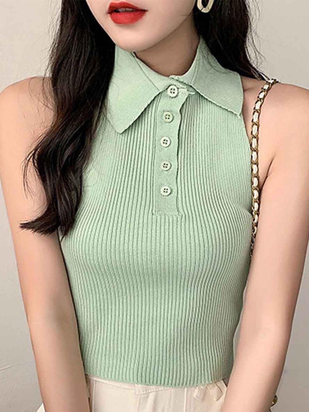 lulu & sky ribbed shirt collar fitted crop top