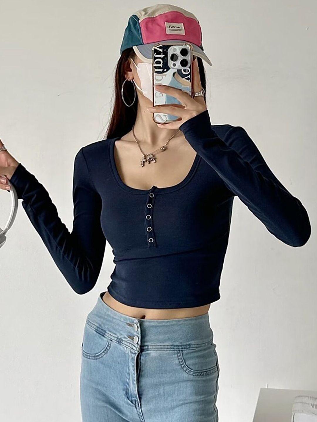 lulu & sky scoop neck indigo crop top