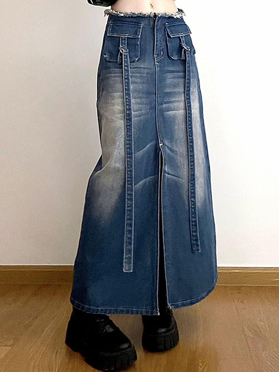 lulu & sky slit detailed a-line denim maxi skirt