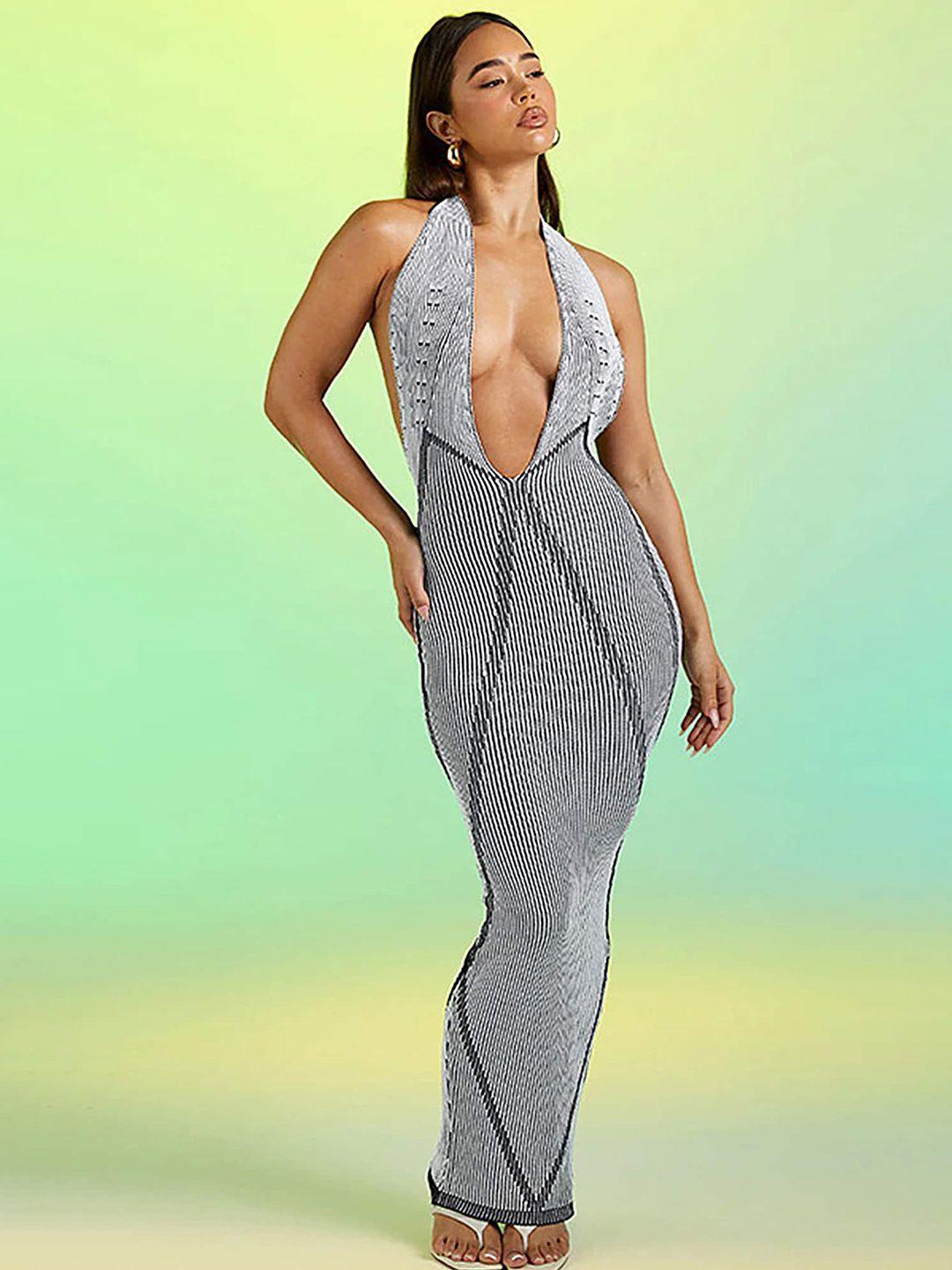 lulu & sky striped halter neck bodycon maxi dress