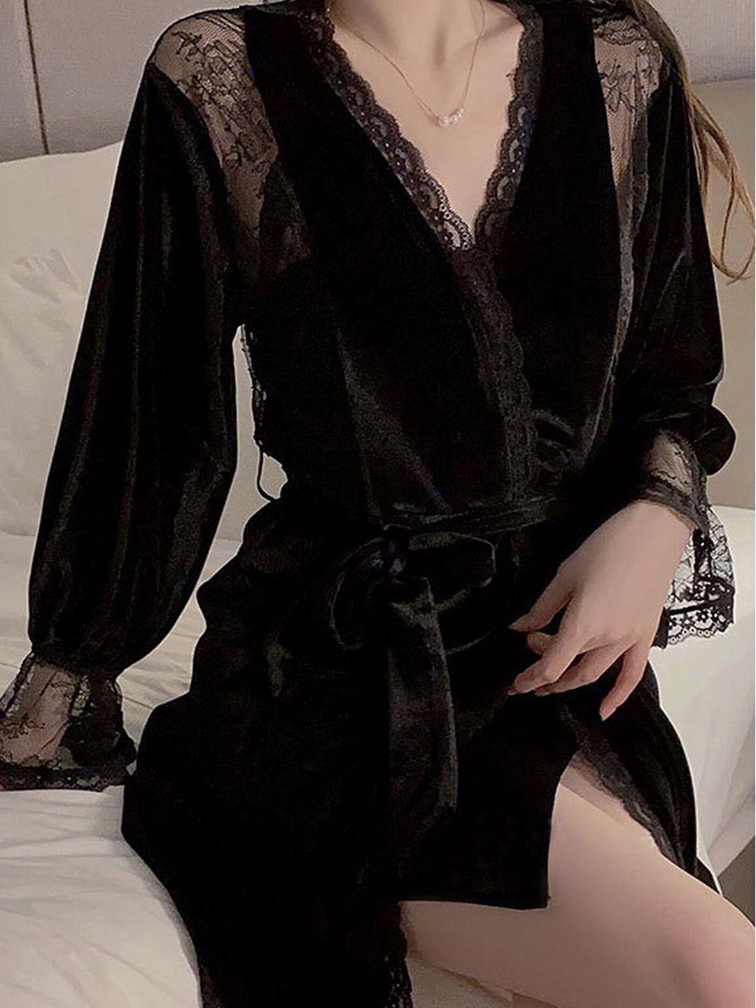 lulu & sky v-neck lace detail velour tie-up nightdress with robe