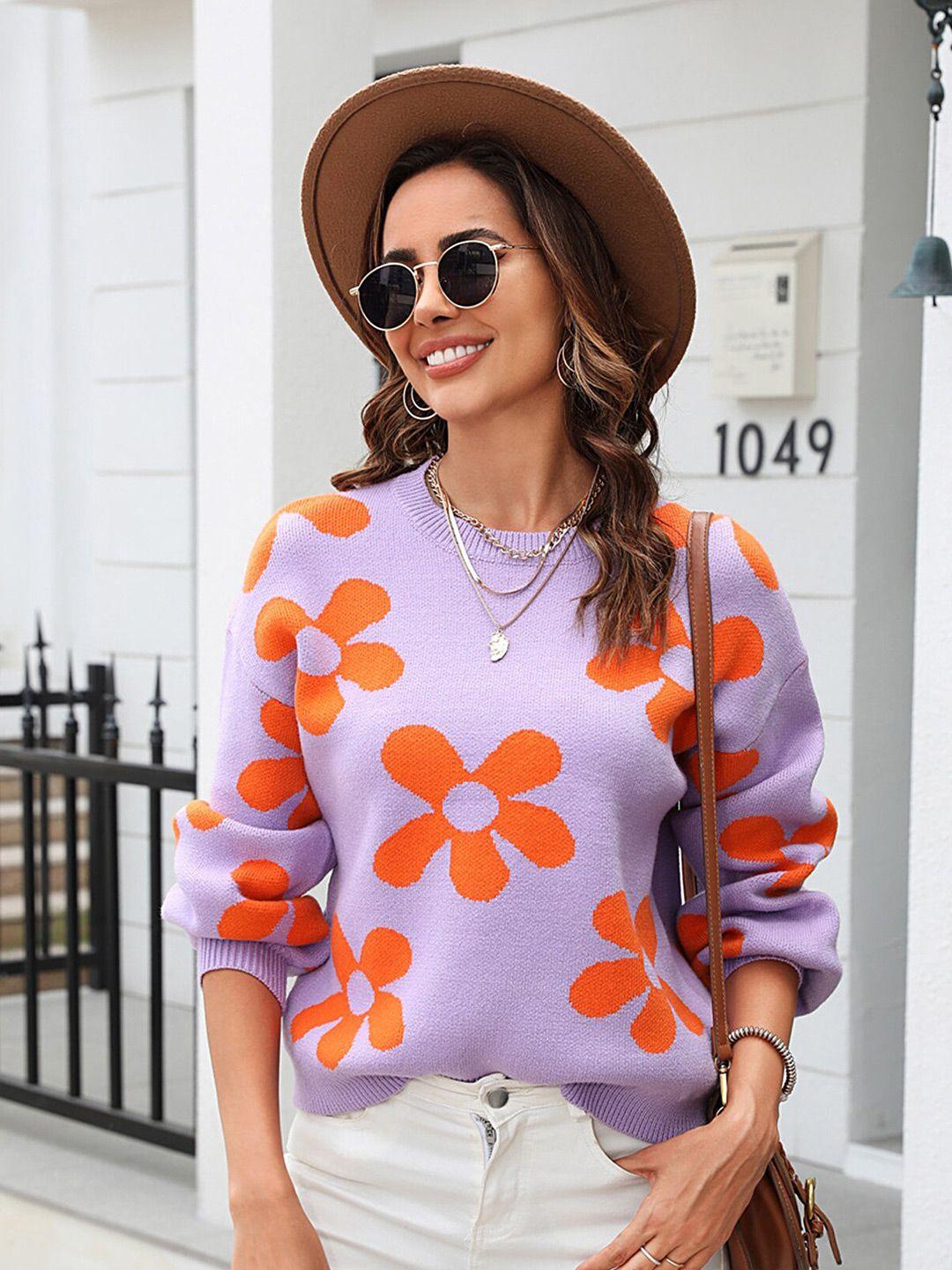 lulu & sky women purple & orange floral printed pullover