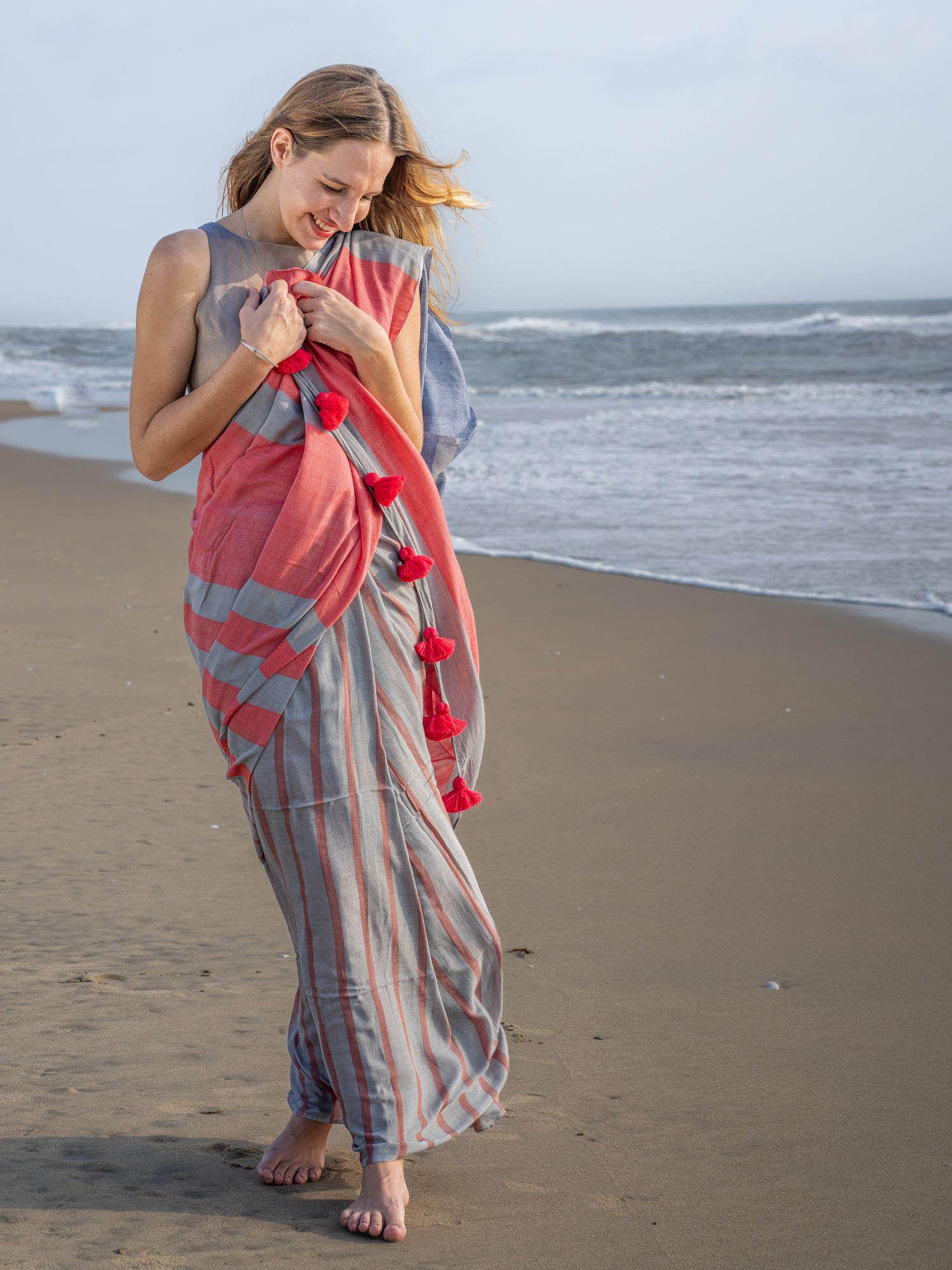 luminous linings stripe bamboo cotton saree with unstitched blouse