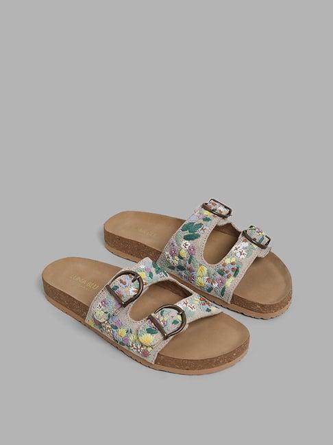 luna blu by westside beige floral embroidered cork sandals