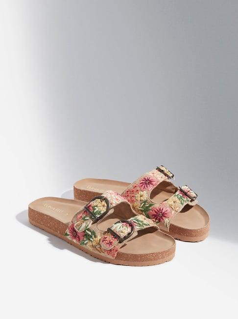 luna blu by westside beige floral embroidered double band sandals