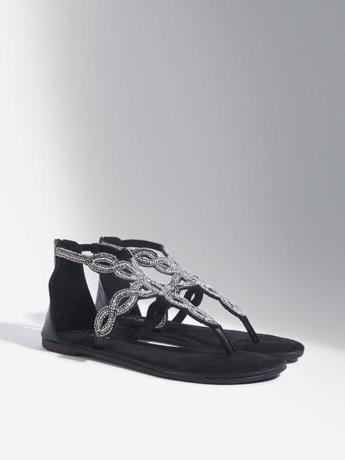 luna blu by westside black embellished t-strap sandals