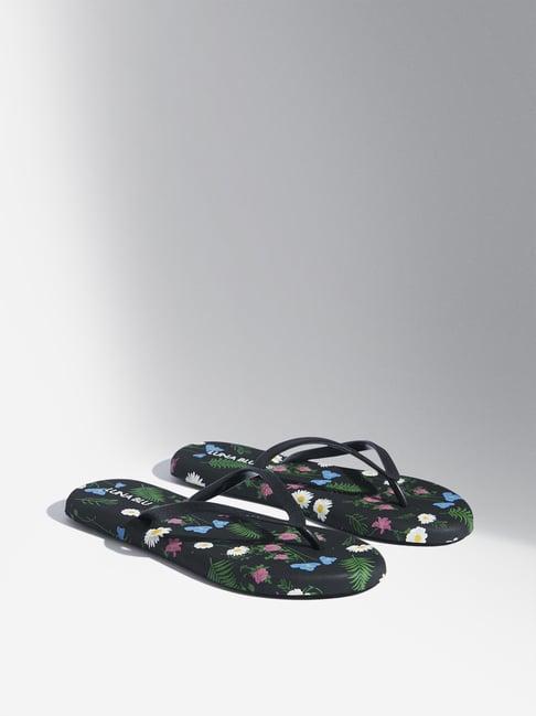 luna blu by westside black floral patterned flip-flop