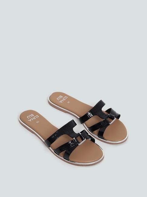 luna blu by westside black welt croc trim slides