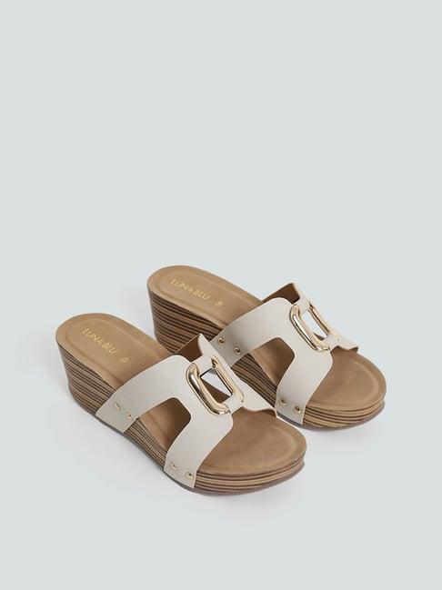 luna blu by westside cut out cage buckle ivory wedge sandals