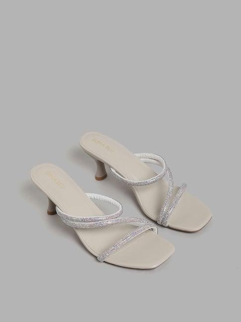 luna blu by westside ivory three band embellished heel sandals