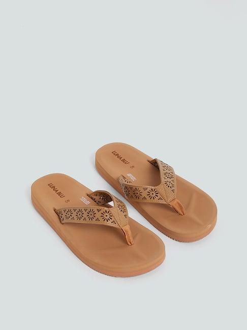 luna blu by westside laser cut tan-colored soft footbed flip flop