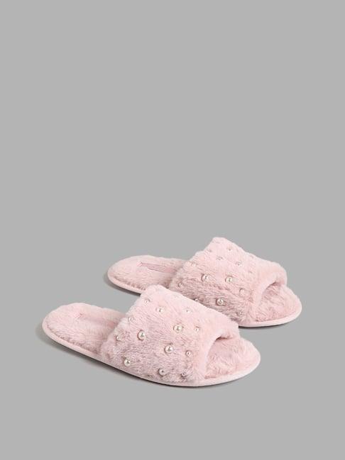 luna blu by westside light pink pearl embellished fur slides