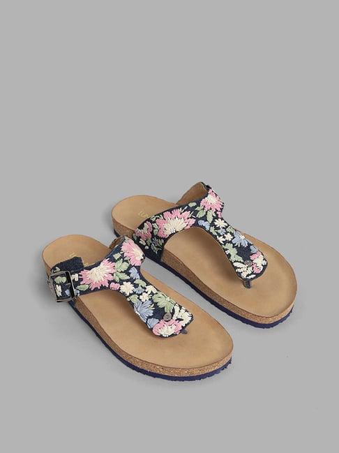 luna blu by westside multicolor floral embroidered cork slip on sandals