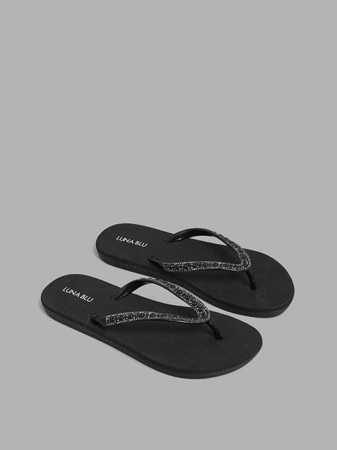 luna blu by westside pearl diamante embellished black flip flop