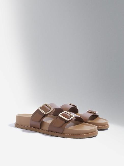 luna blu by westside tan buckle-detailed slip-on sandals