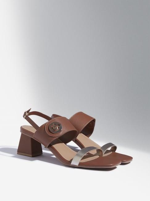 luna blu by westside tan hardware-detailed block heel sandals