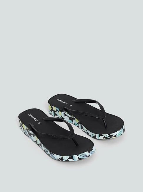 luna blu by westside troprical printed black low wedge flip-flop