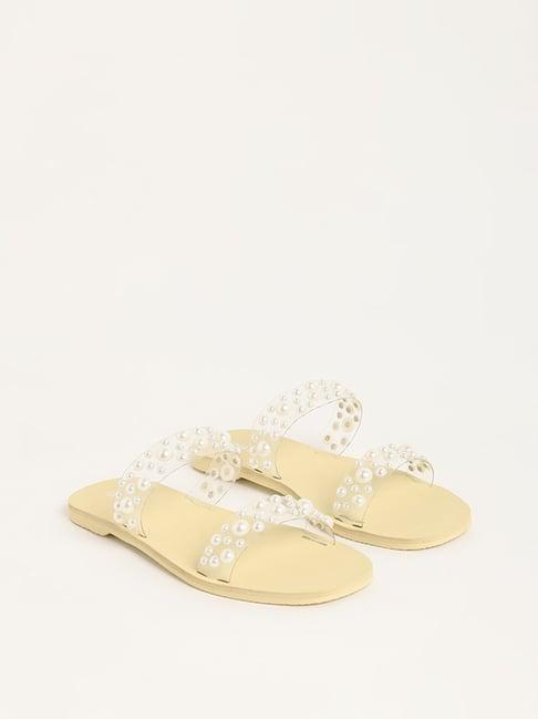 luna blu by westside yellow pearl embellished double-strap sandals