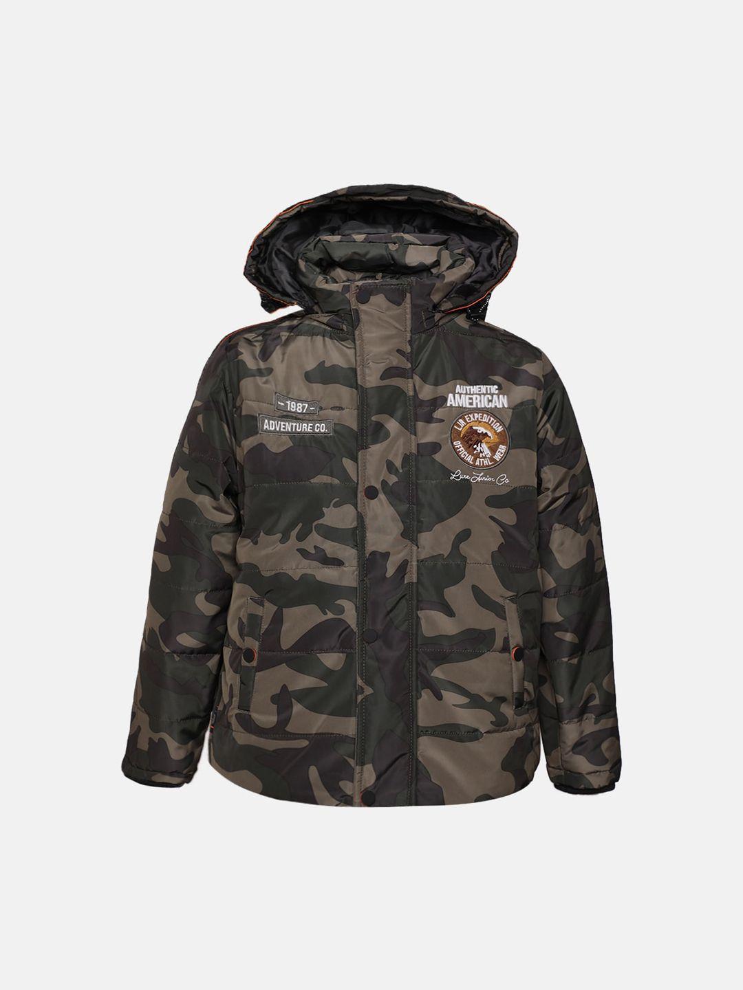 lure junior boys green camouflage printed hooded puffer jacket