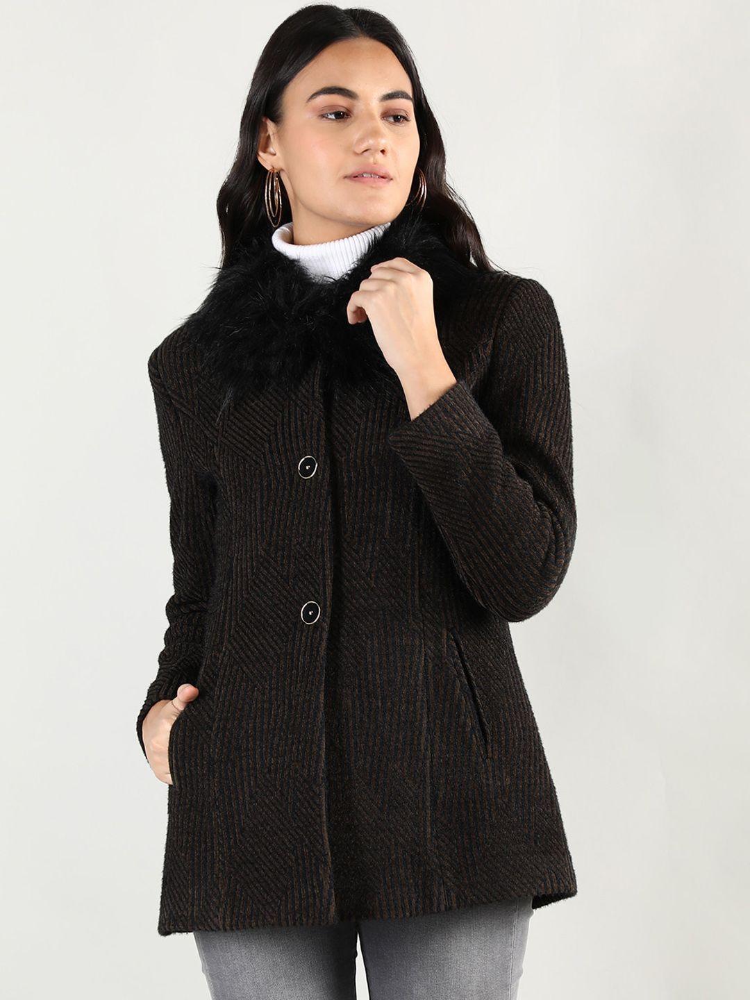 lure urban self-design regular fit casual woolen parka coat with faux fur trim