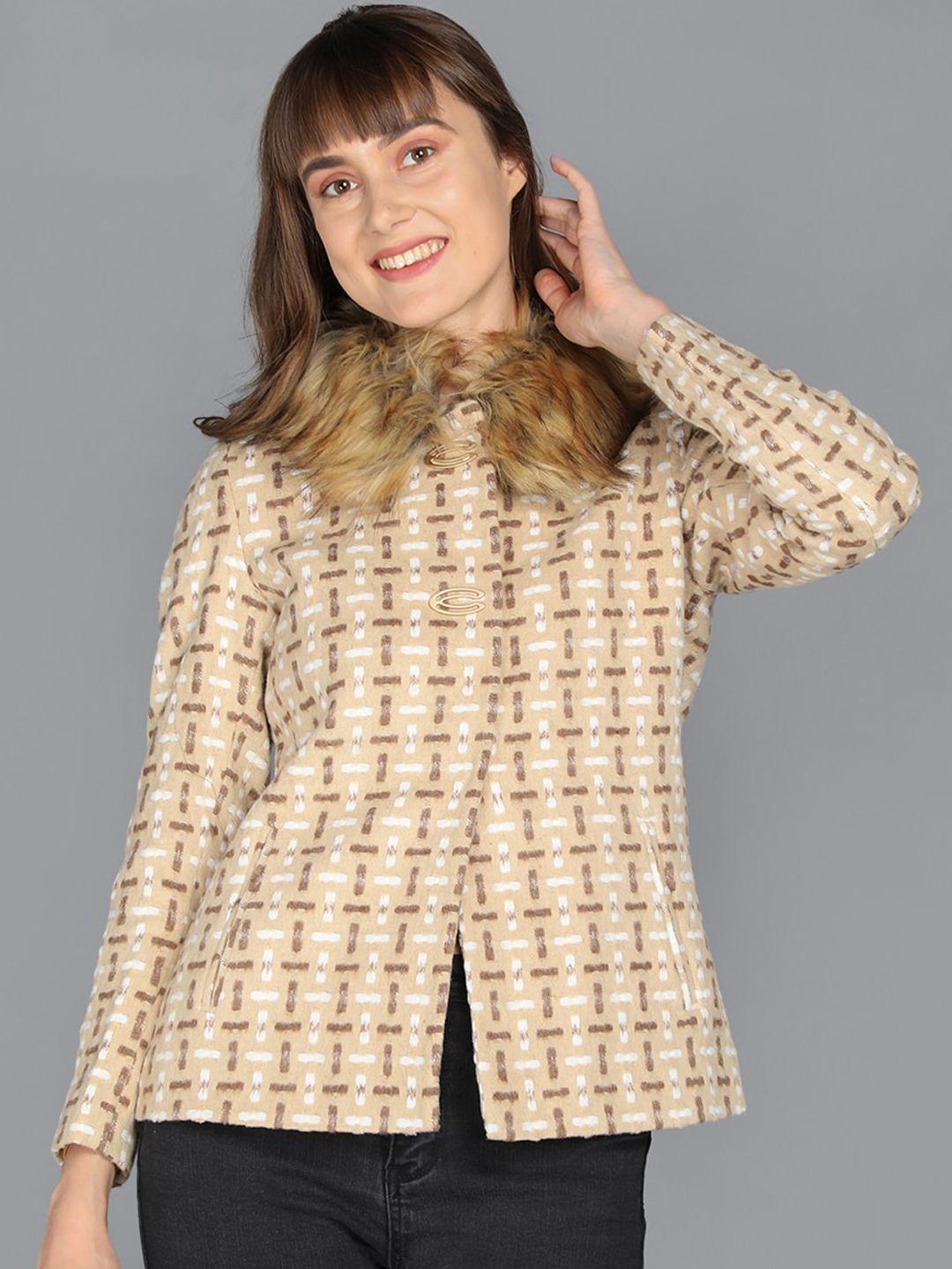 lure urban women beige colored self design woolen coat