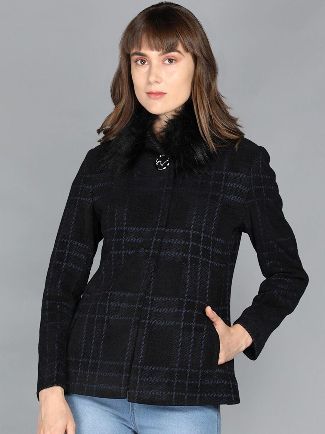 lure urban women black & blue checked winter pea coats