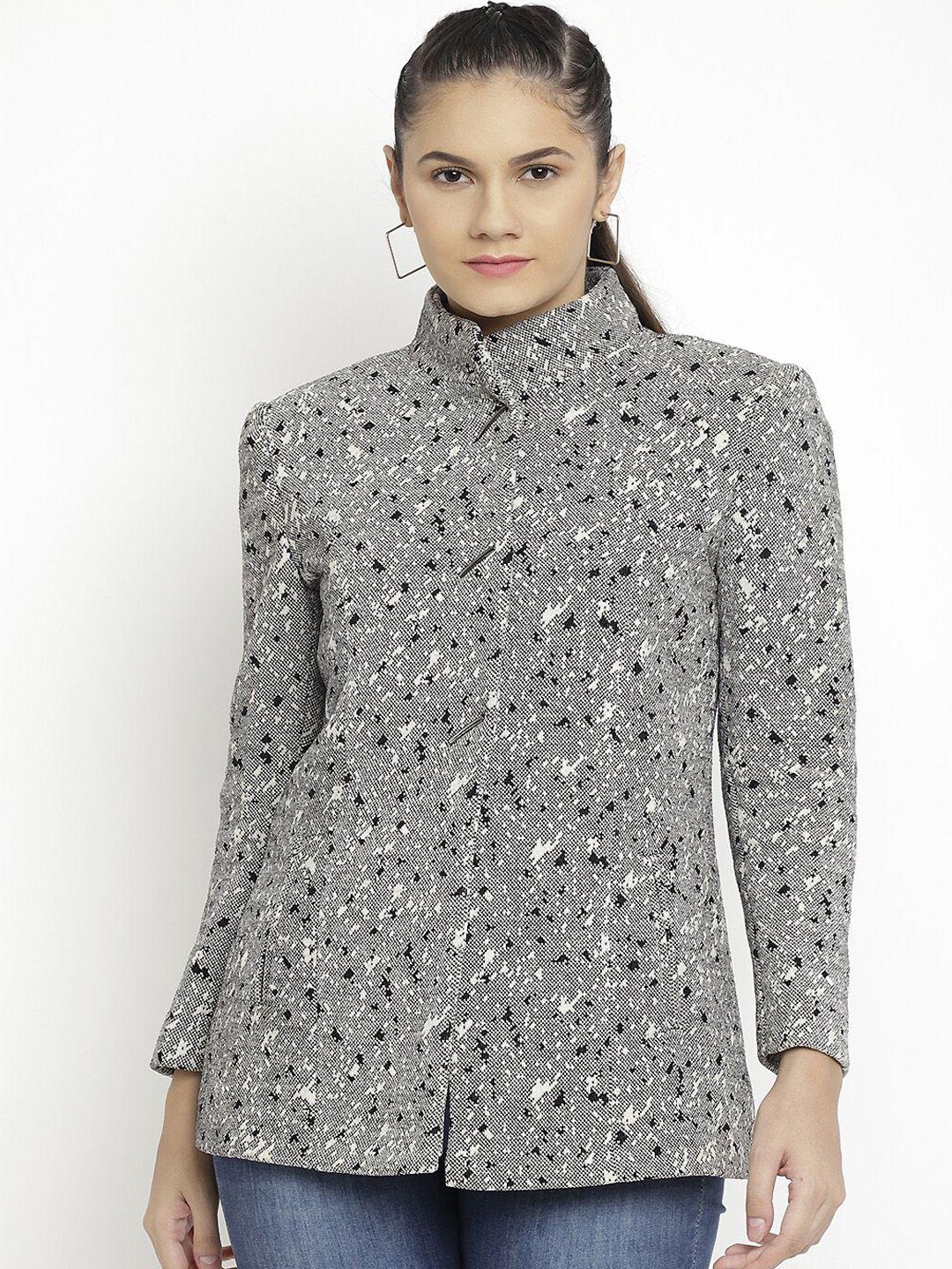 lure urban women black & white printed woolen trench coat