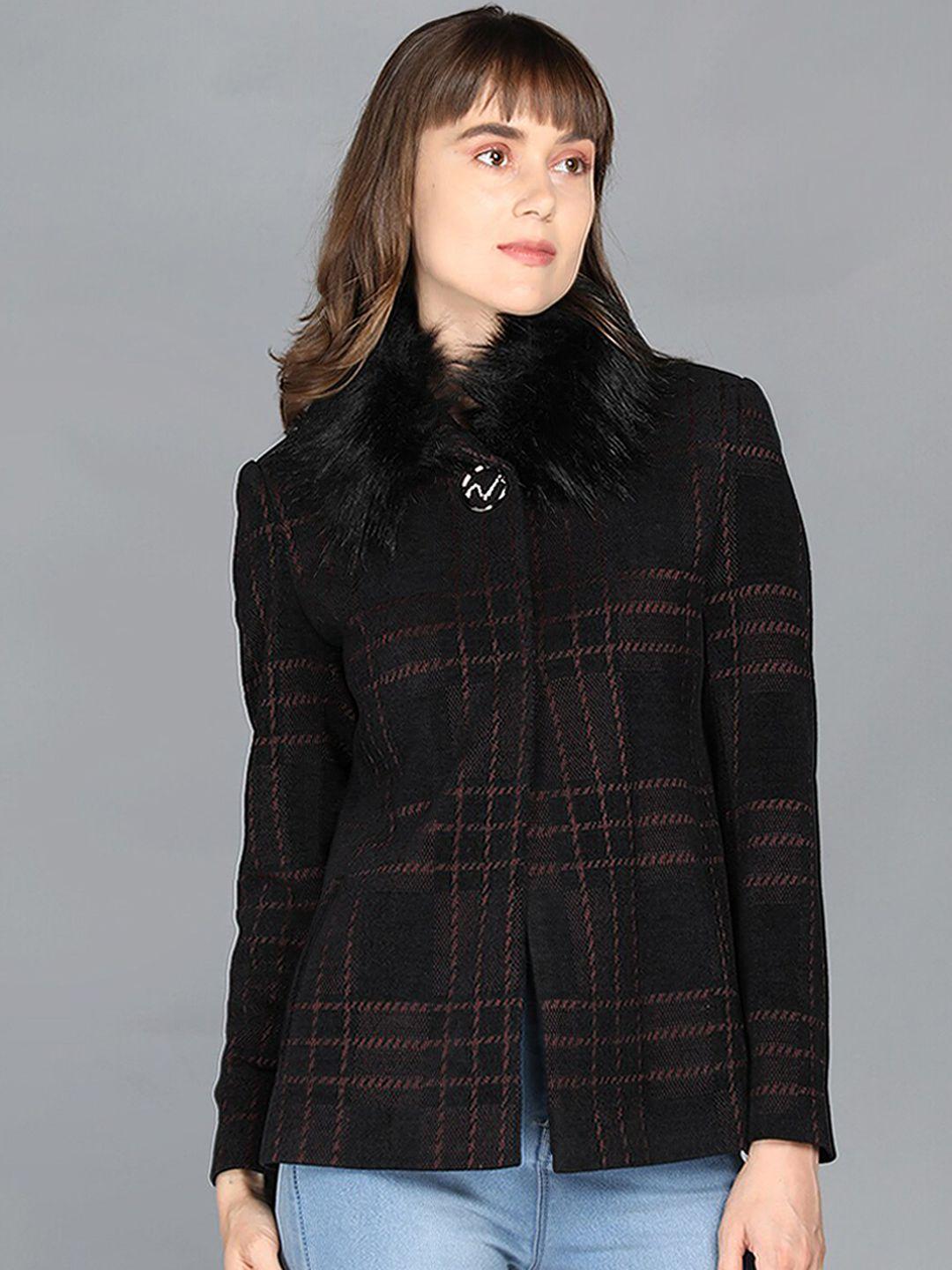 lure urban women black checked patterned woolen coats