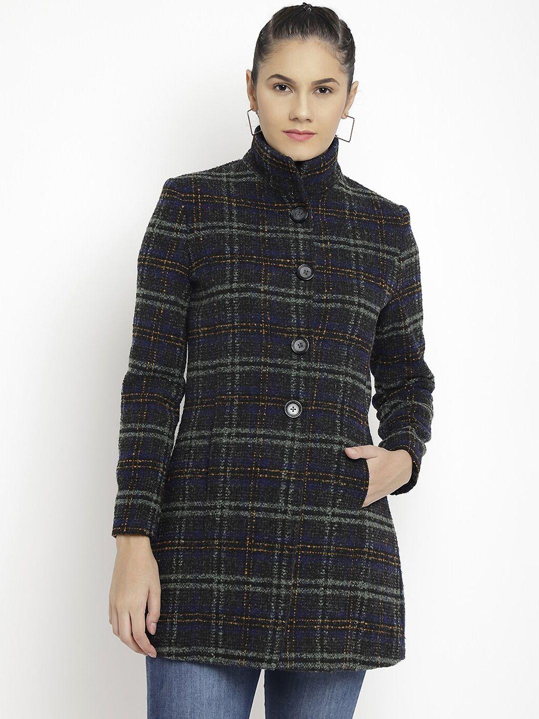 lure urban women green & blue checked woolen trench coat