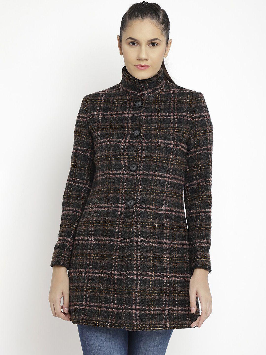 lure urban women pink & green checked woolen trench coat