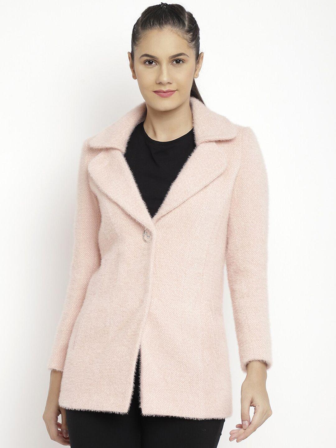 lure urban women rose pink solid woolen trench coat