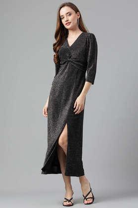 lurex knit v-neck a-line women's maxi dress - black