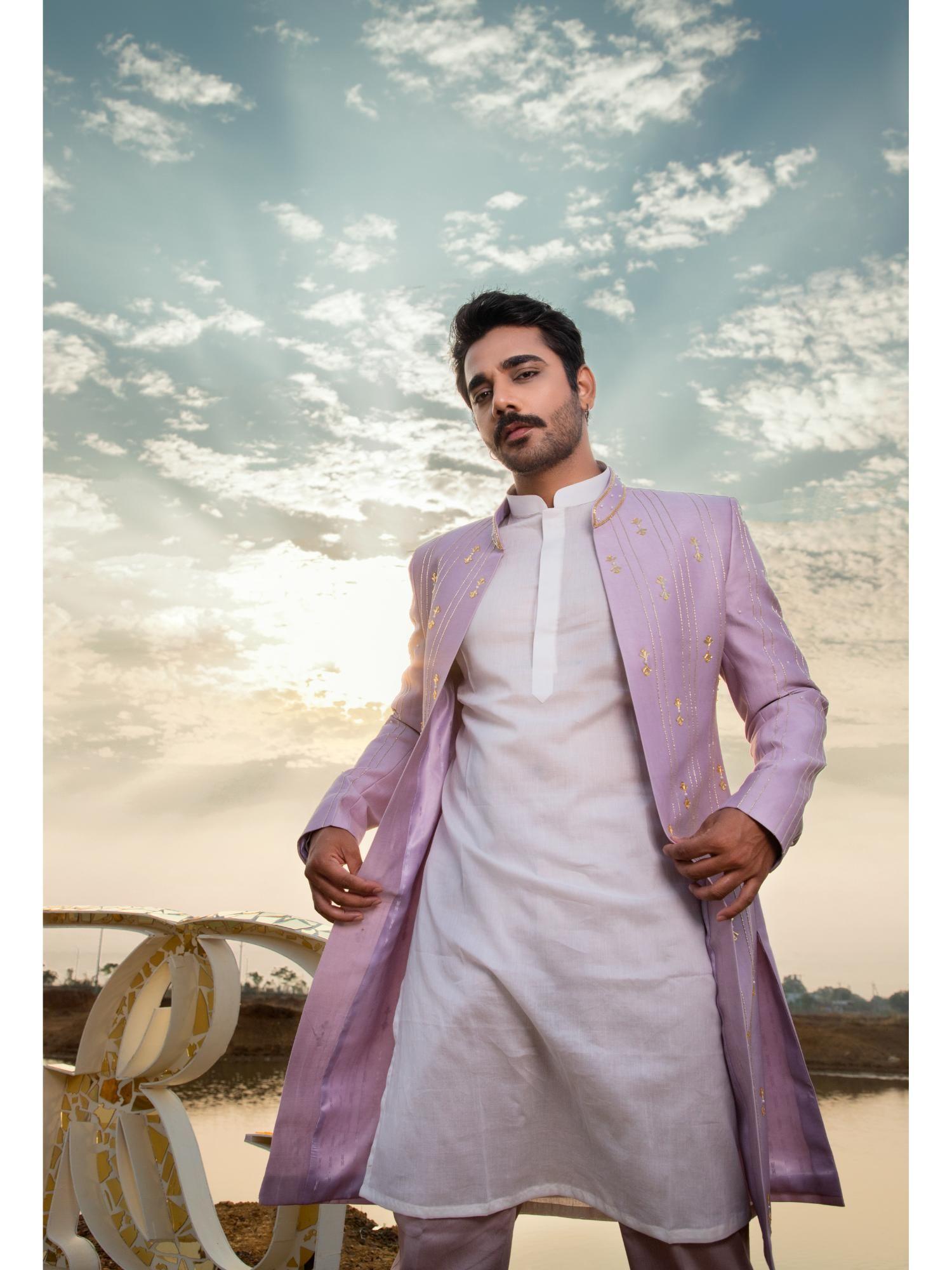 lush lavender sherwani with kurta and pant (set of 3)