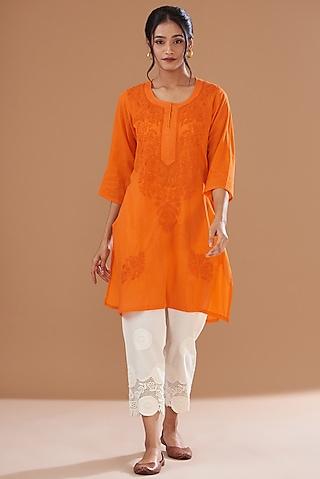 lush orange soft mulmul lucknowi kurta set