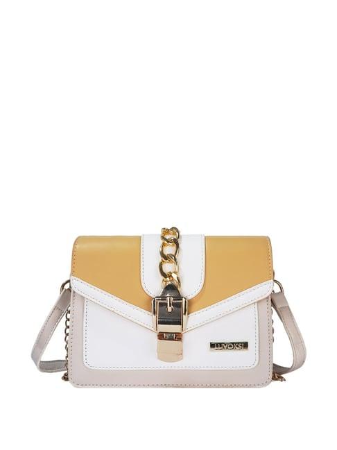 luvoksi yellow & beige color block medium sling handbag